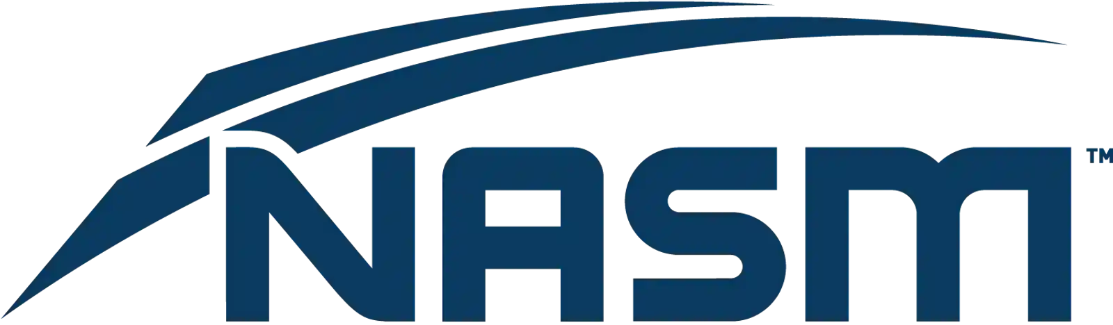 Logo of the National Academy of Sports Medicine (NASM) featuring the letters “NASM” in bold blue with a stylized swoosh above the text, on a white background.